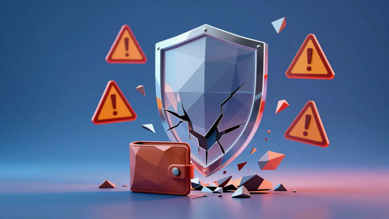Broken low poly shield showing crypto security risks.