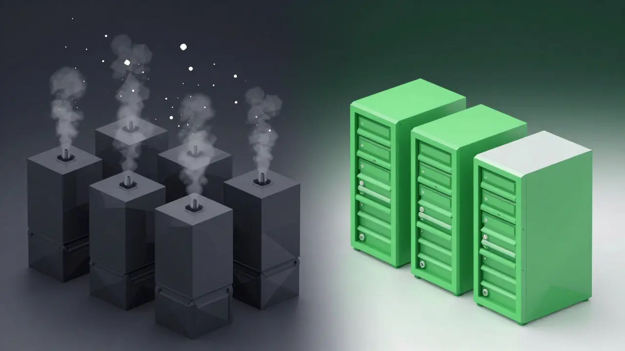 Contrast between heavy mining hardware and sleek PoS servers in low poly style