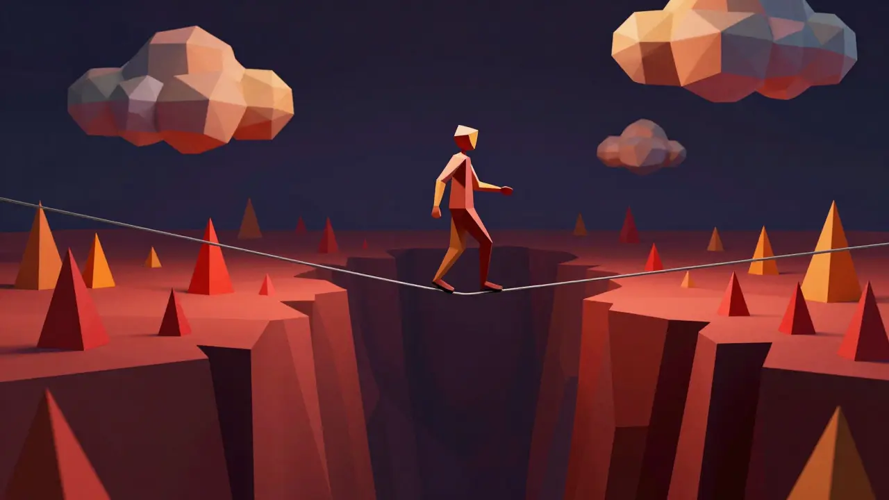 Figure balancing on tightrope over jagged red spikes