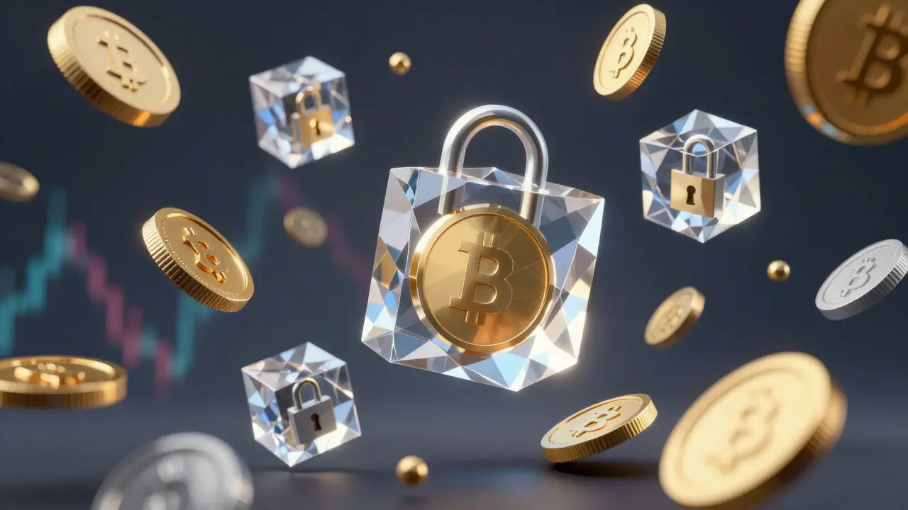 Floating low poly crypto tokens locked in ice cubes