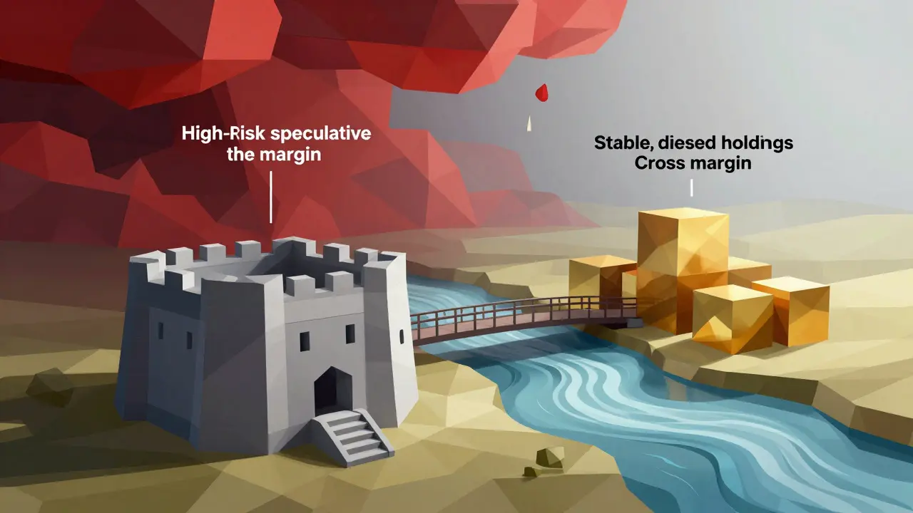 Low poly art depicting hybrid strategy balancing isolated and cross margin modes