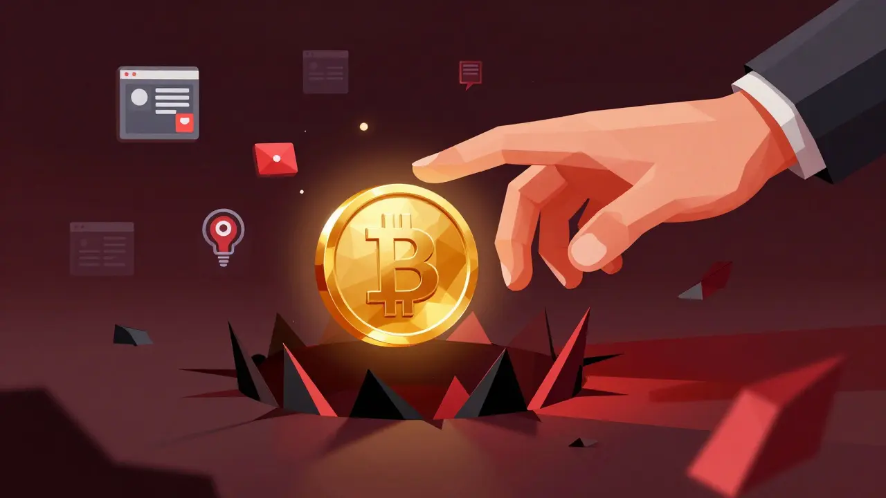 Low-poly art illustrating a hand reaching for a token falling into a scam trap.