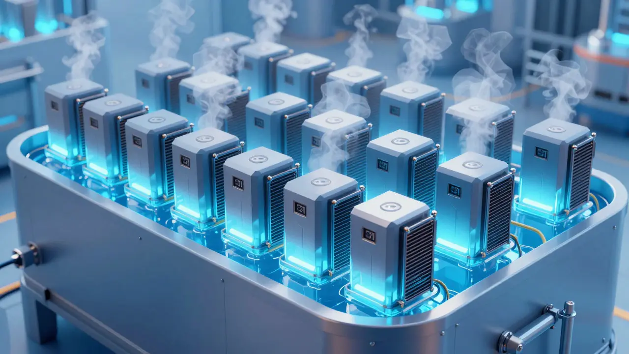 Low poly ASIC miners submerged in blue cooling liquid tanks