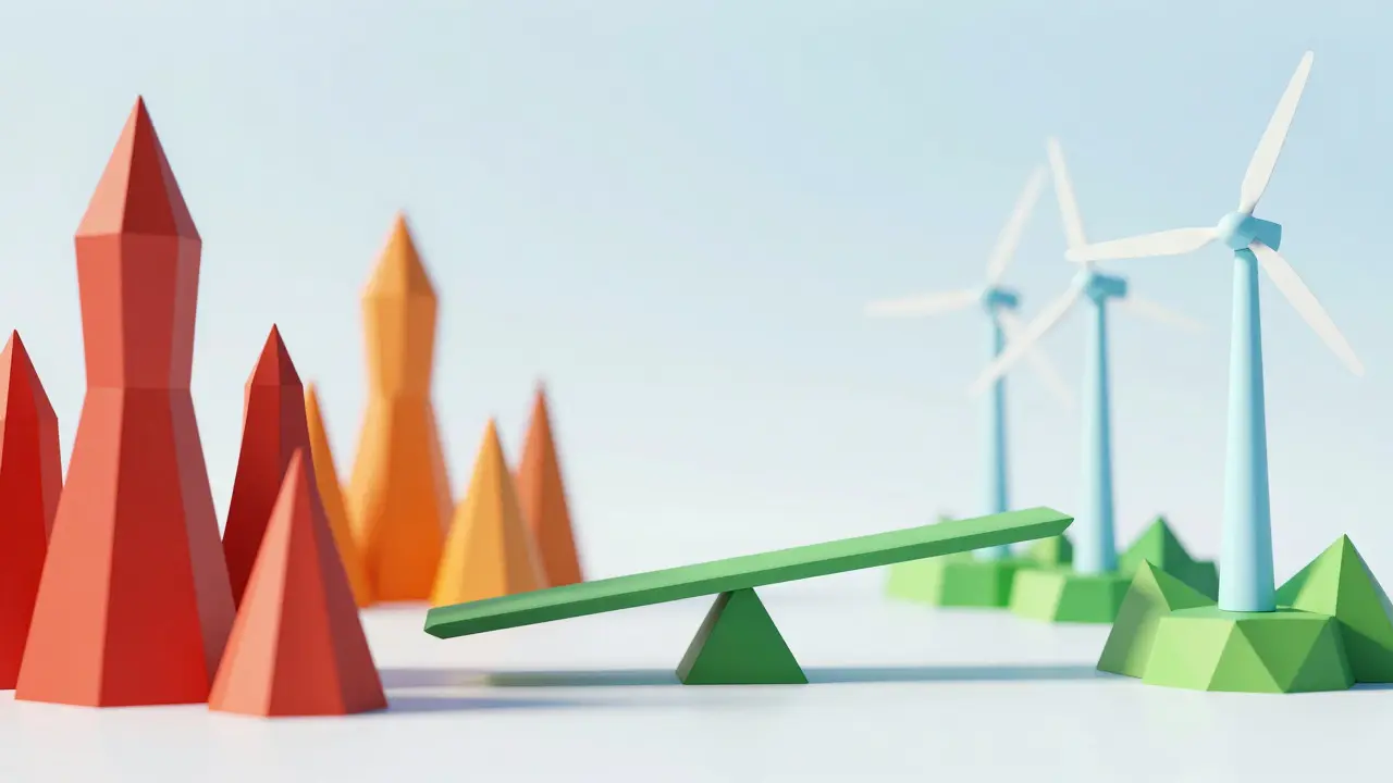 Low poly balance scale comparing red fossil fuels to green renewables
