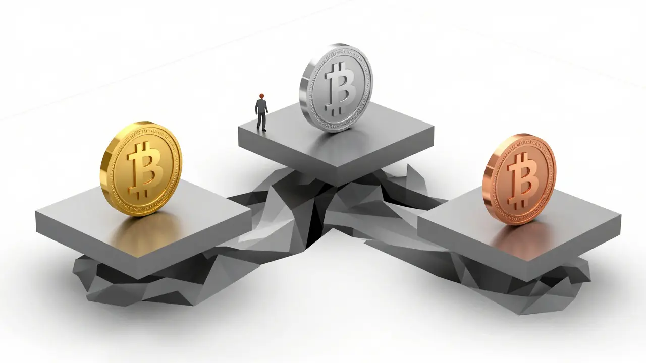 Low poly coins on separate floating islands separated by dangerous gaps