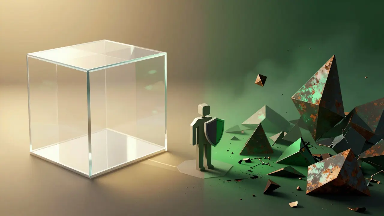 Low poly comparison of a secure glass exchange vs a crumbling risky platform