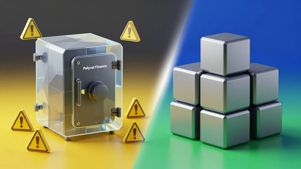 Low poly comparison of risky niche protocols versus secure, established DeFi platforms.