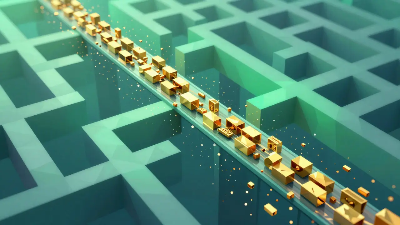 Low poly crypto blocks flowing through complex blockchain bridges to hide origins
