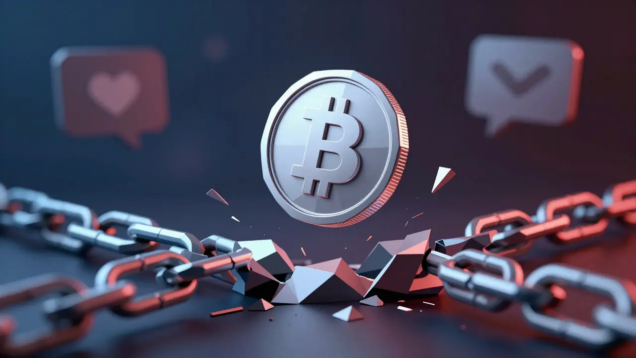 Low poly fake crypto coin over broken chain links