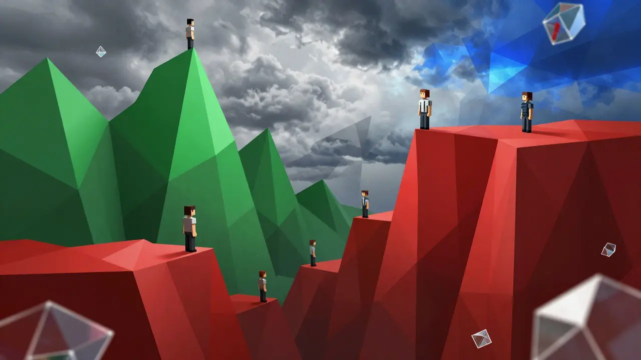 Low poly graph showing steep red and green peaks with tiny investor figures