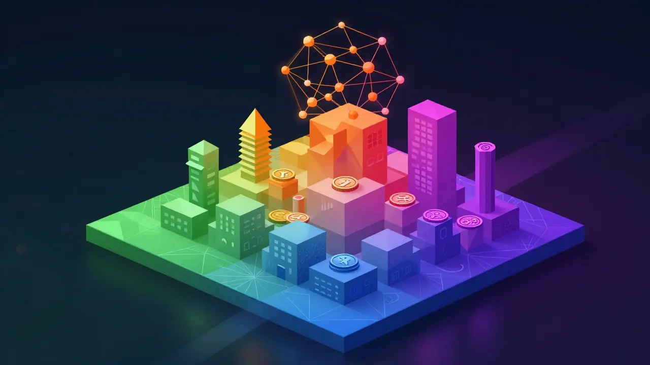 Low poly graphic depicting infrastructure expanding into AI and asset tokenization layers.
