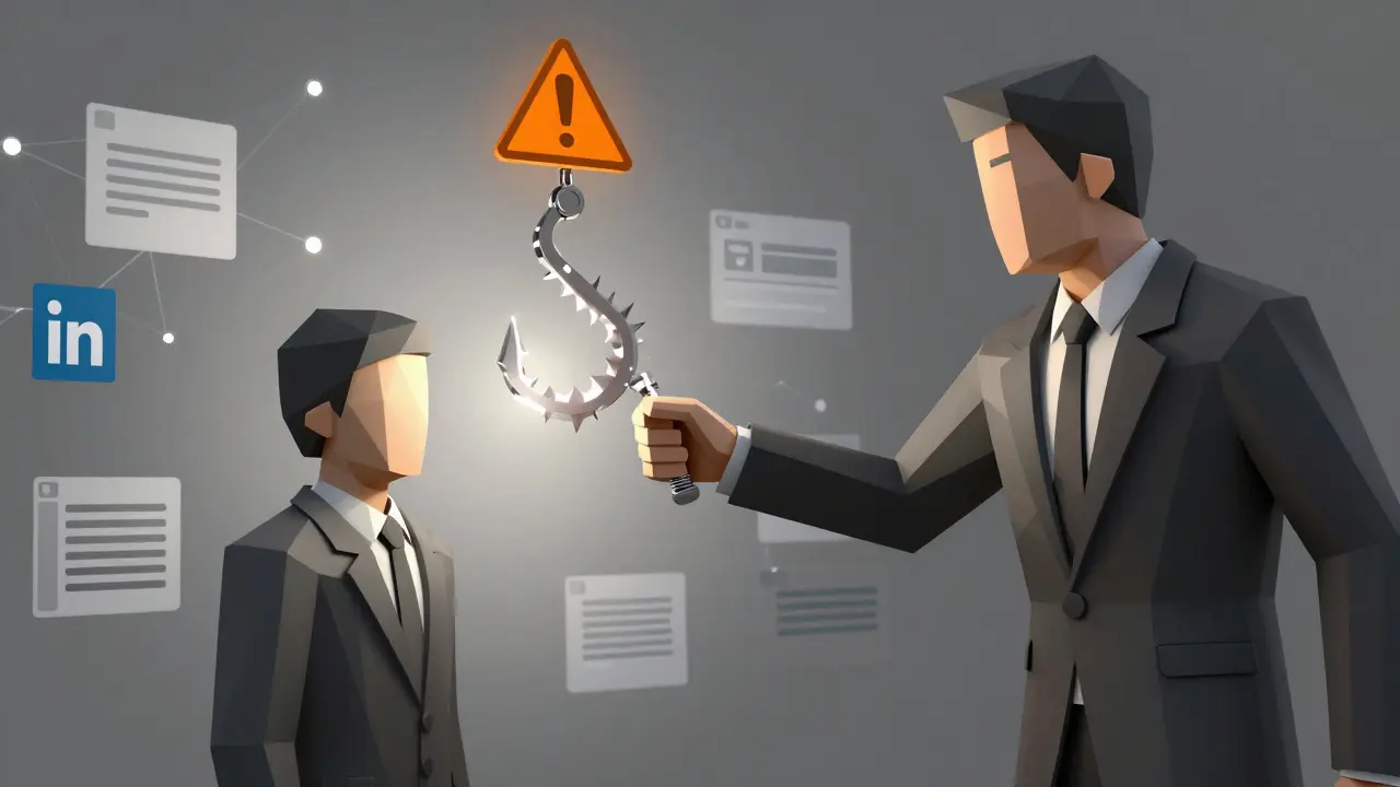 Low poly hacker in suit offering a digital hook to an employee in a network space