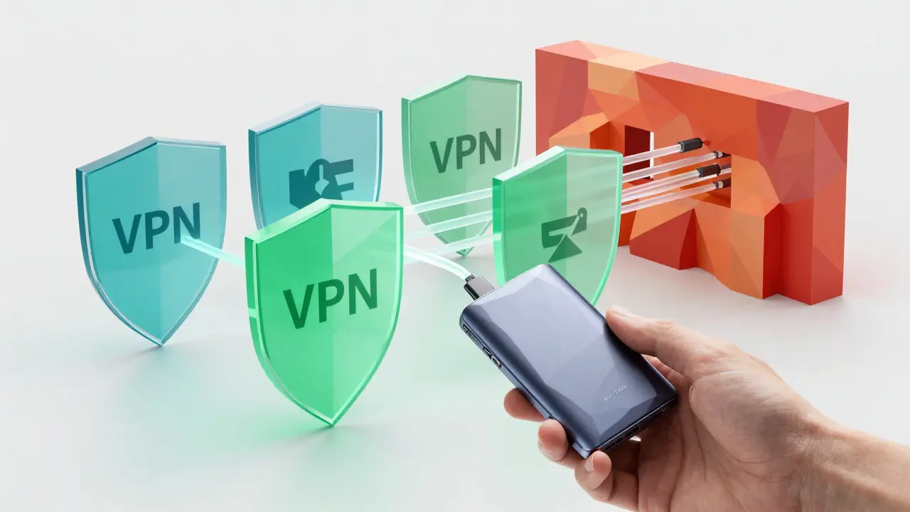 Low poly hardware wallet connecting through VPN shields past firewall