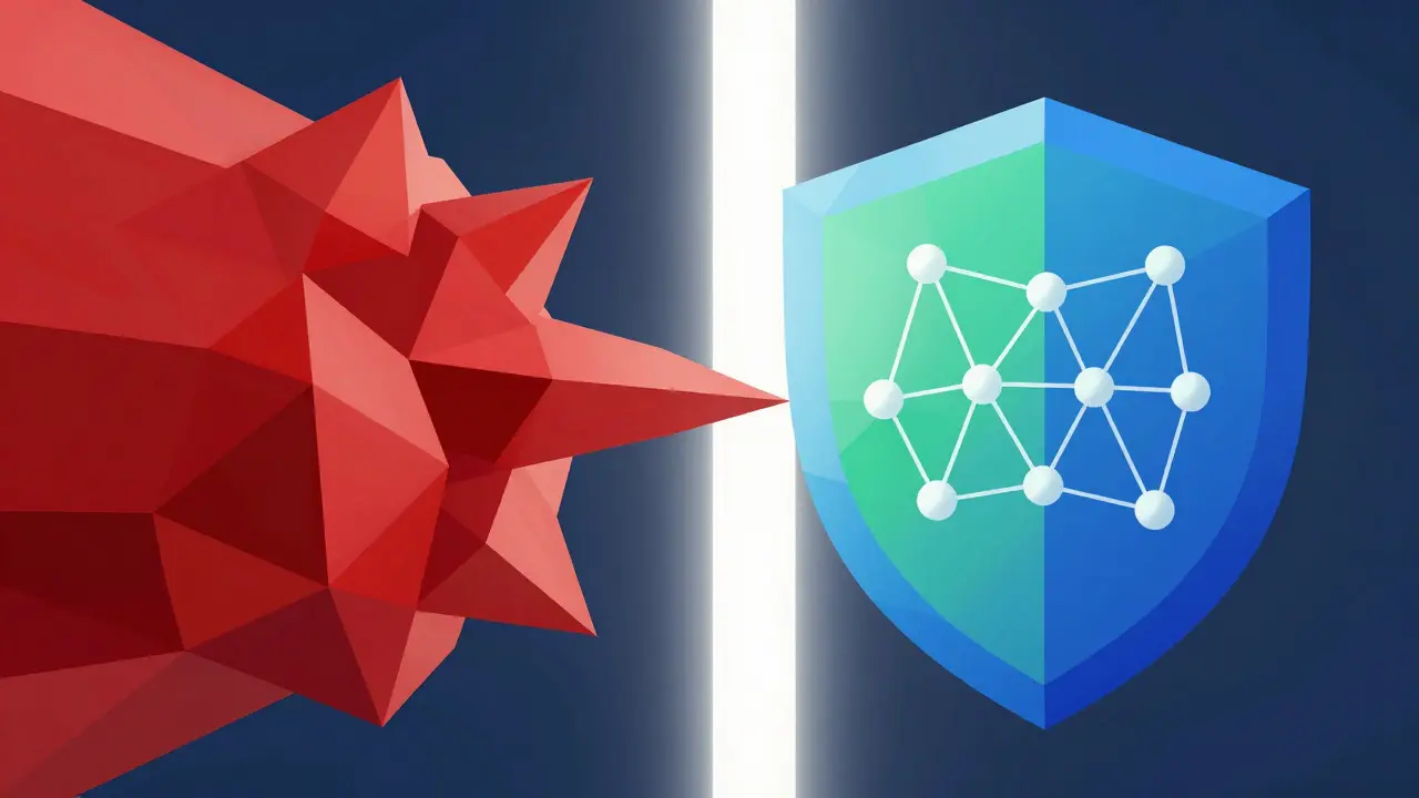 Low poly illustration contrasting legal risk chaos with protected liability shields.