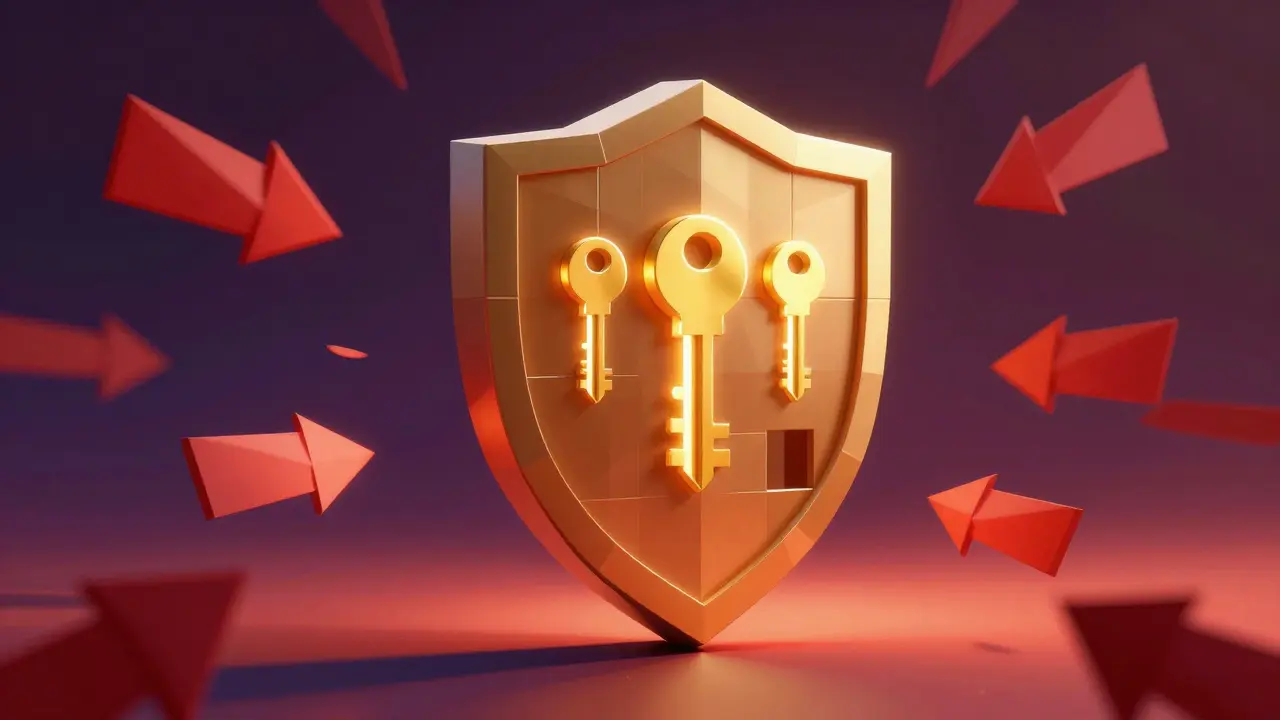 Low-poly shield blocking red arrows with two keys