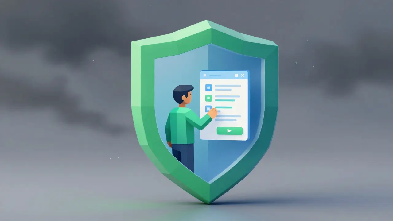 Low-poly shield protecting a user from cyber threats with secure wallet icons.
