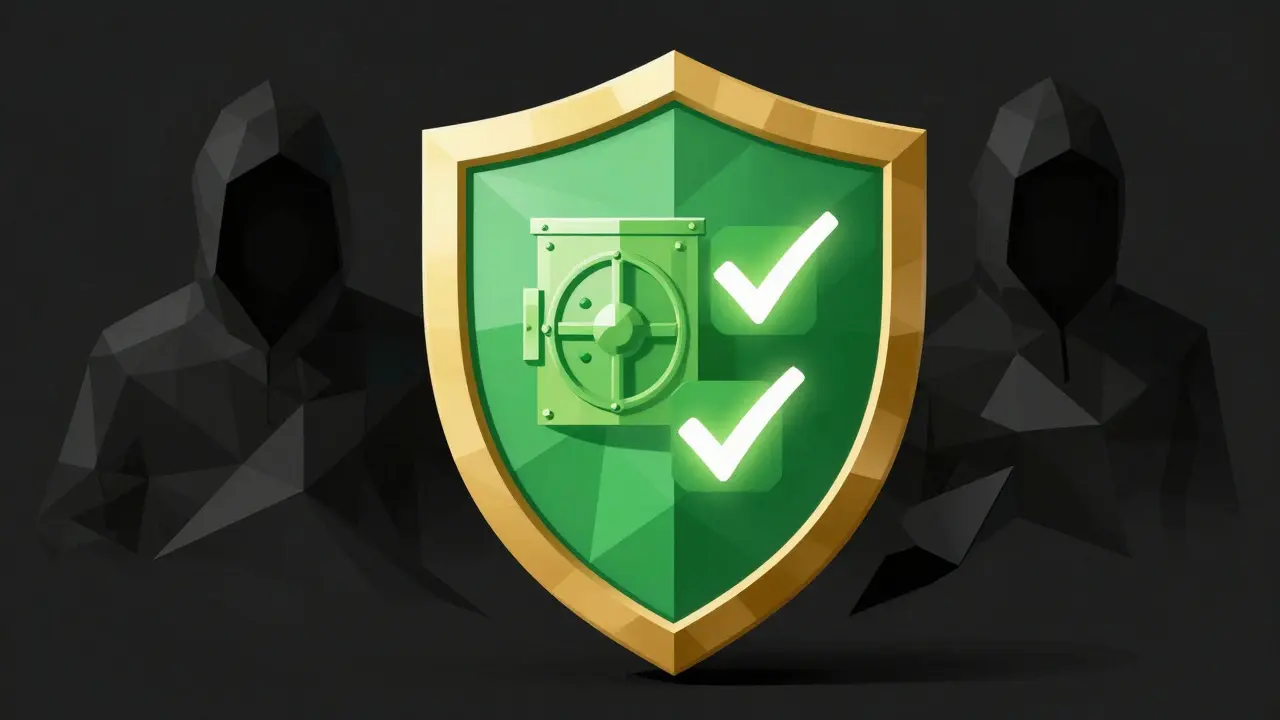Low-poly shield protecting against cyber threats for safe crypto trading
