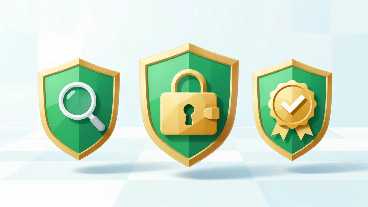 Low poly shields protecting a wallet with safety symbols