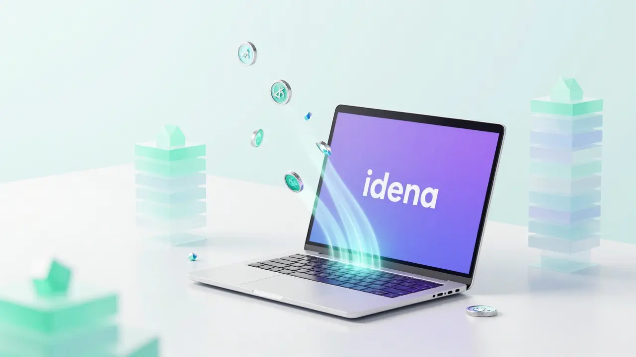 Minimalist laptop generating floating crypto coins, illustrating lightweight Idena mining.