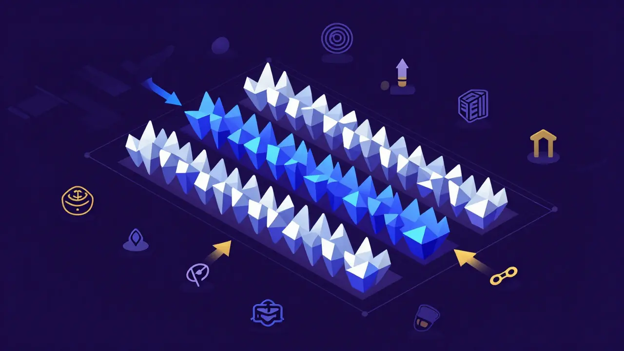 Modern low-poly visualization of concentrated liquidity and DeFi tools.