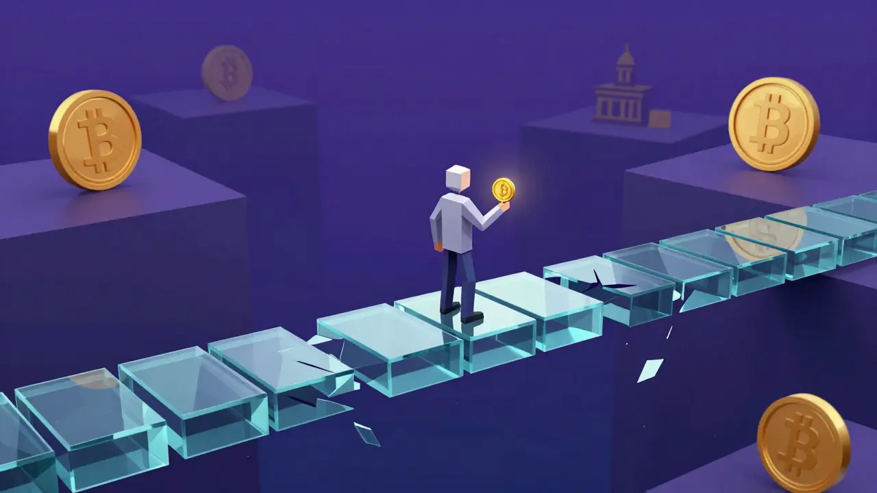 Person on a crumbling glass bridge holding an unstable coin