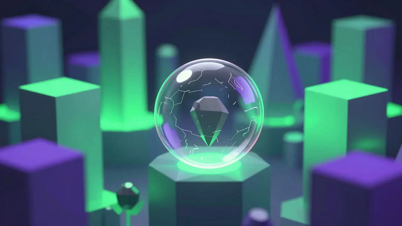 Small fragile token vs giant glowing structures showing risk