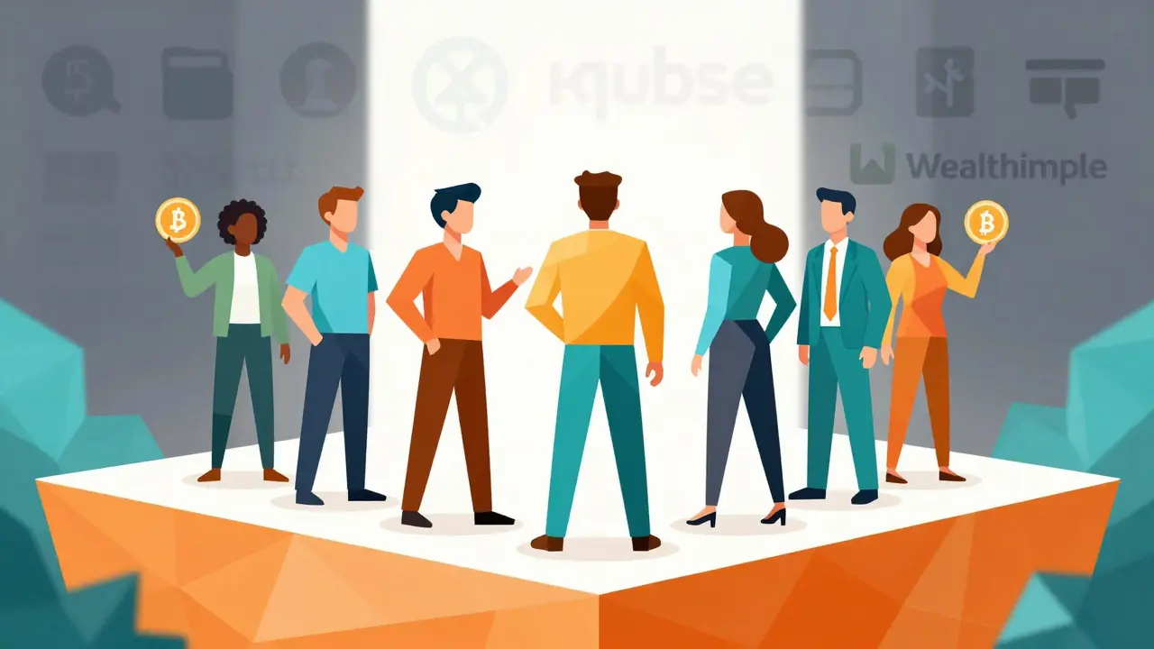 Stylized figures on a stable platform representing secure crypto alternatives
