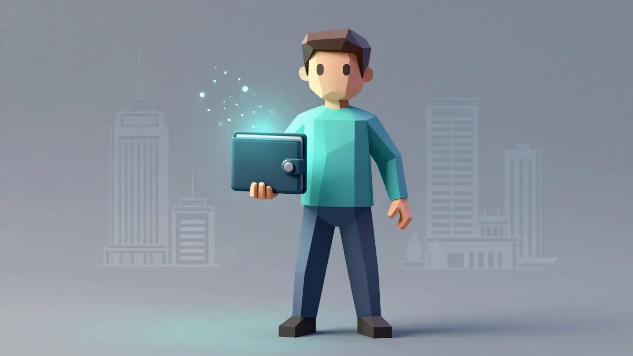 Stylized low poly figure holding a secure wallet, symbolizing non-custodial crypto ownership.