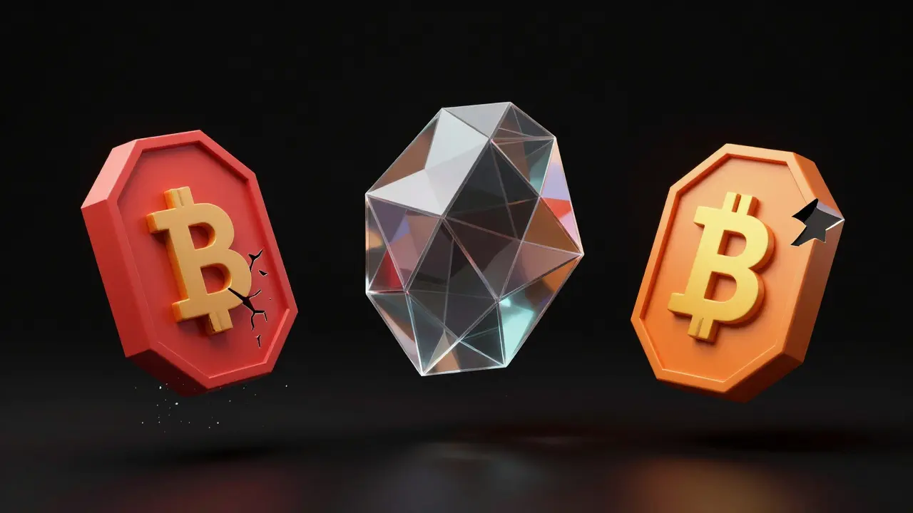 Three fractured geometric tokens symbolizing crypto market risks