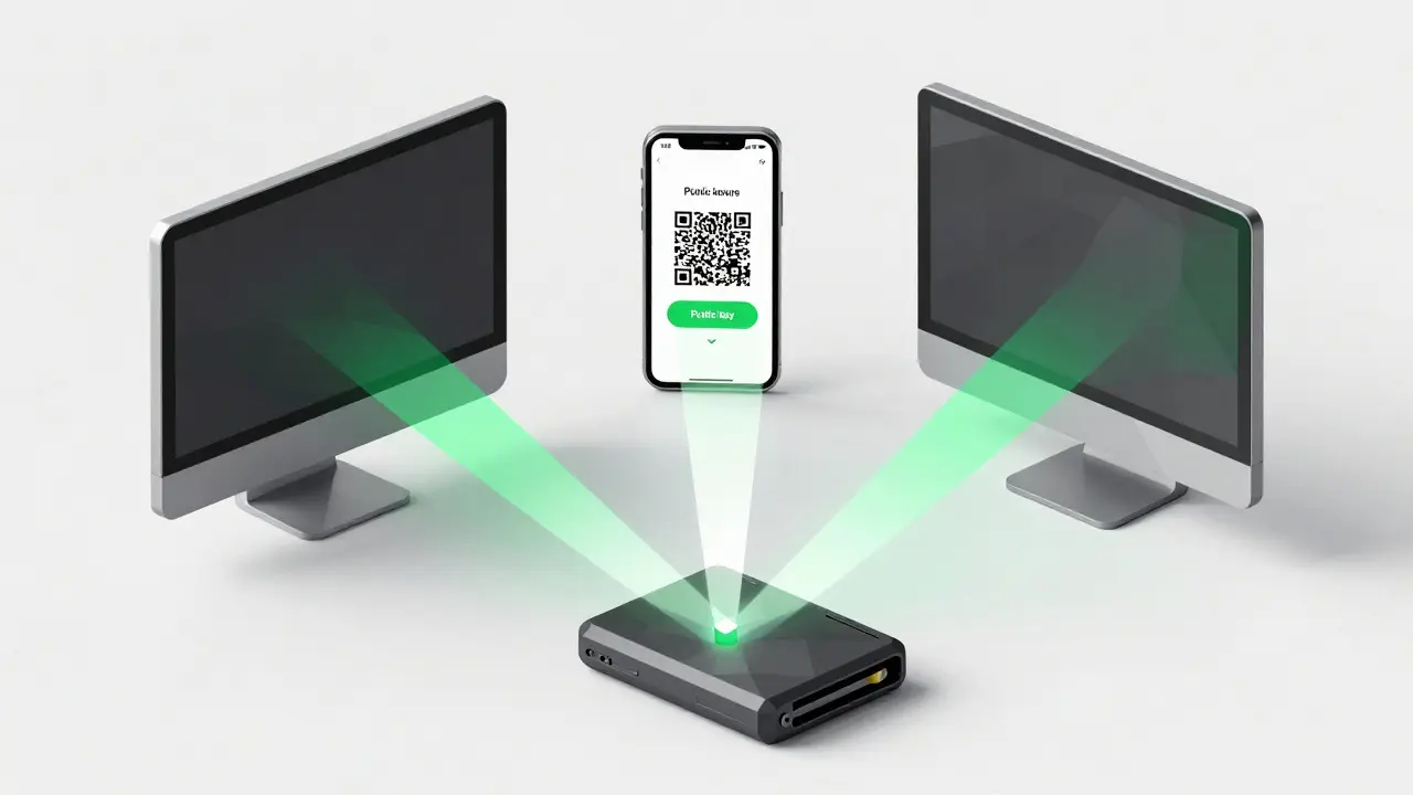 Three low-poly devices connected by light beams