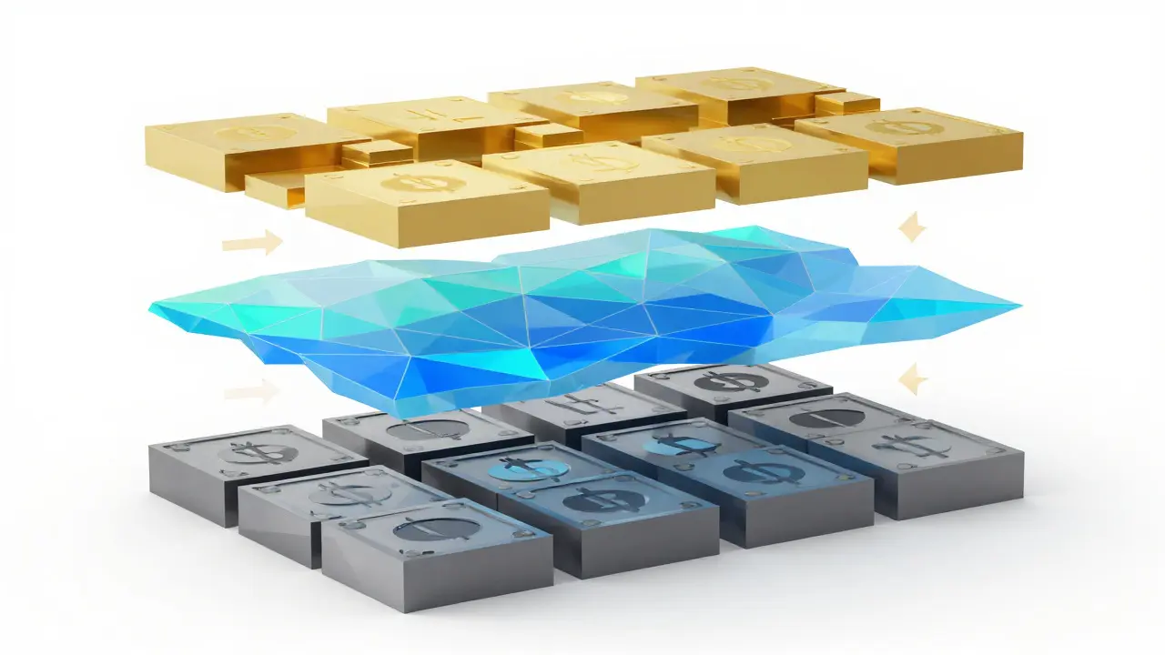 Abstract low poly diagram showing stablecoin conversion layers