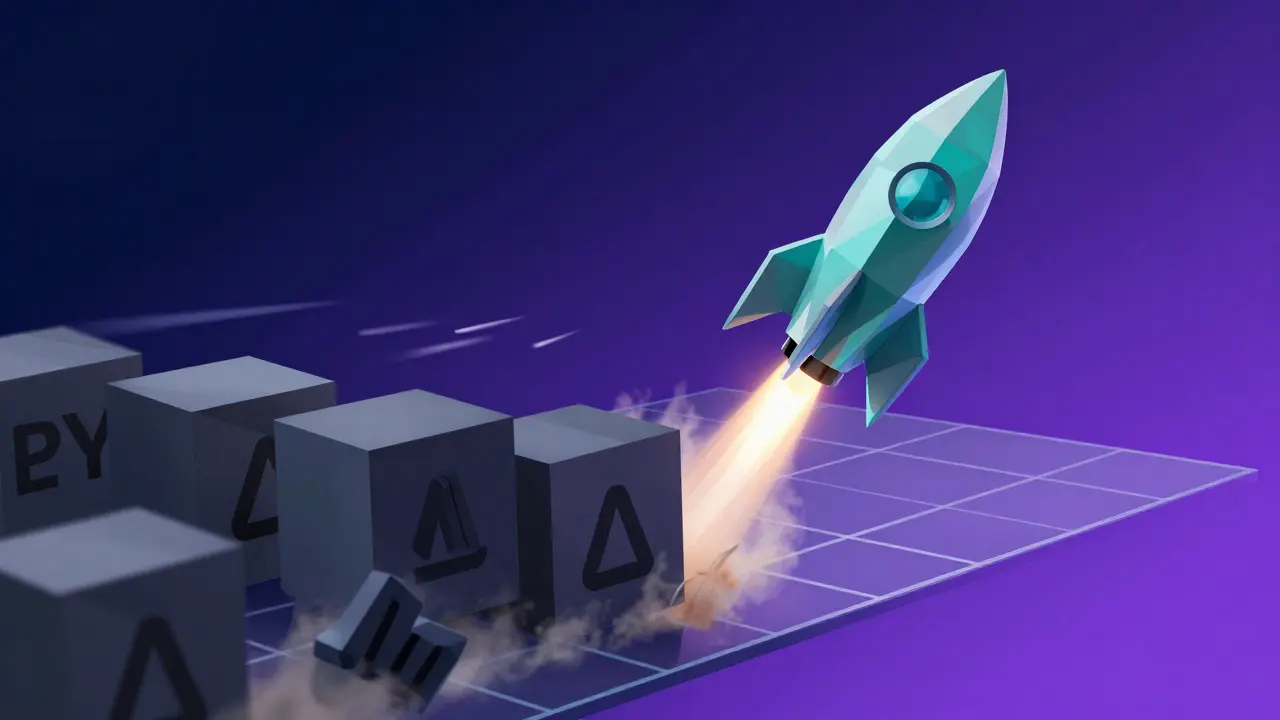Abstract low poly rocket launching past heavy blocks symbolizing low fees