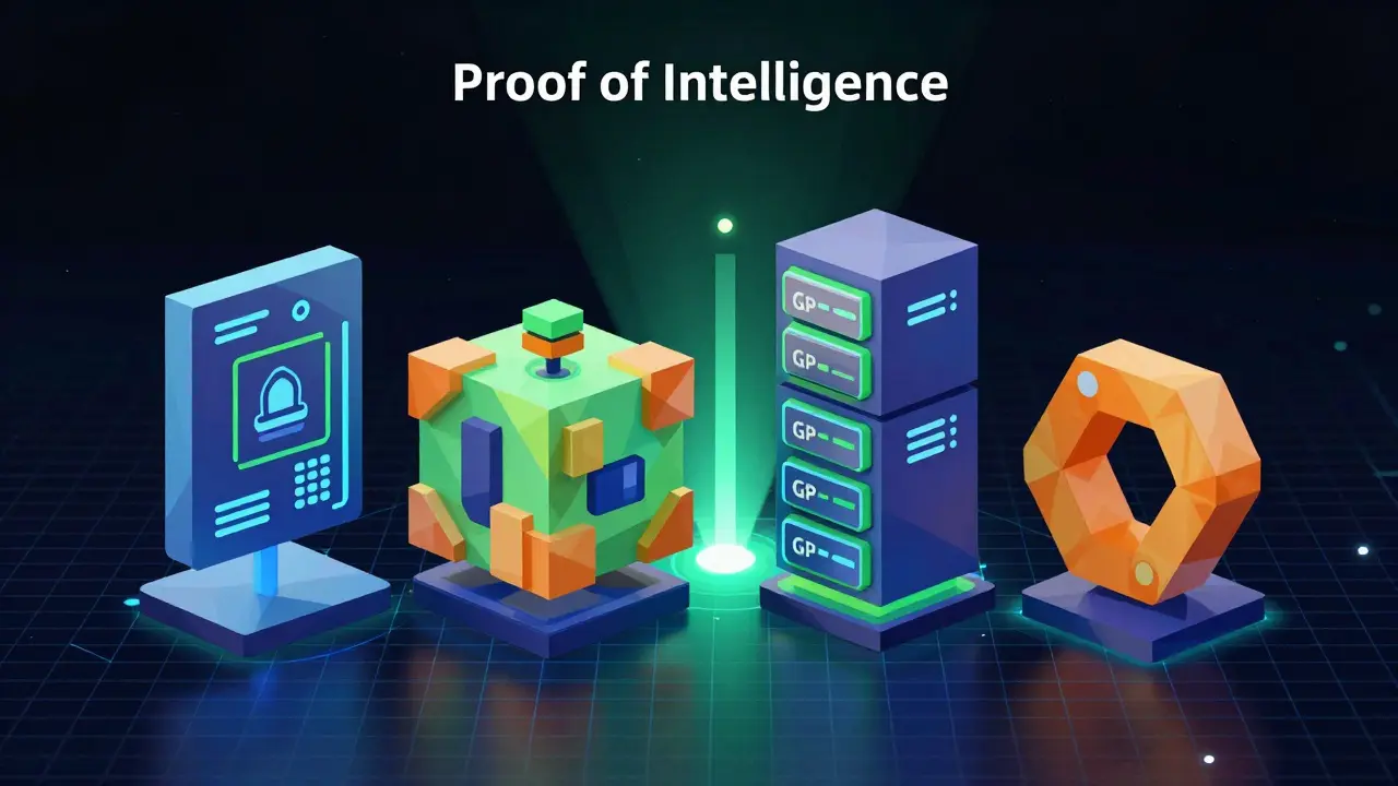 Four low-poly geometric pillars representing the ChainOpera ecosystem