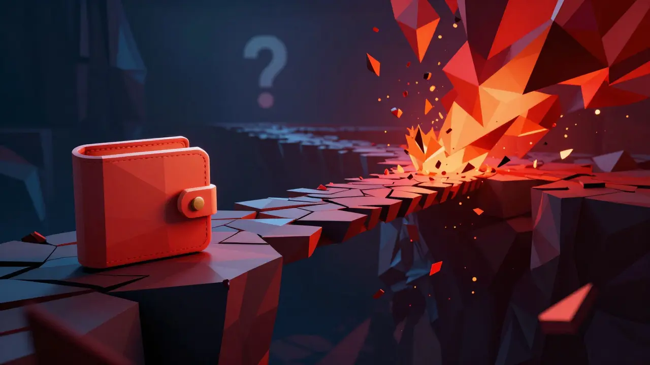 Fragile geometric bridge over abyss symbolizing crypto risk