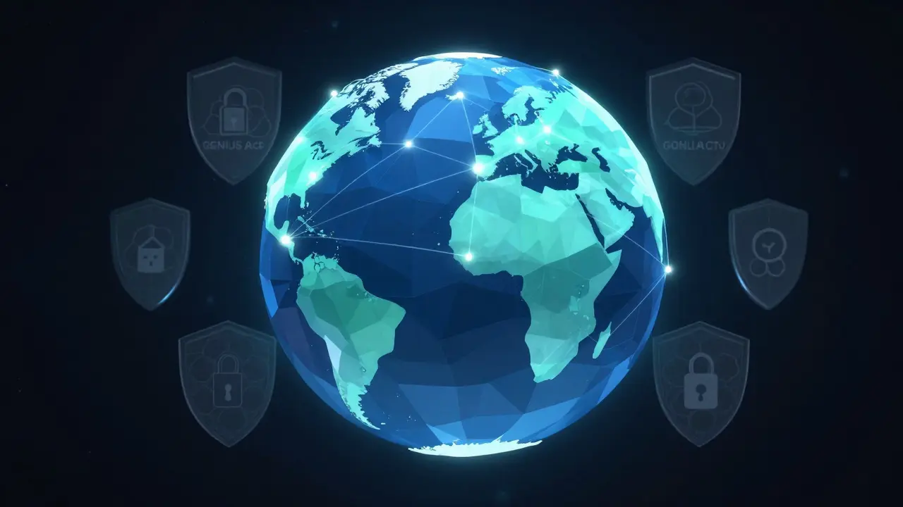 Futuristic low poly globe with connected nodes and security shields