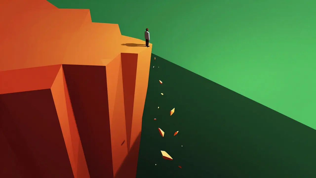 Geometric figure on a cliff edge illustrating high financial risk and volatility