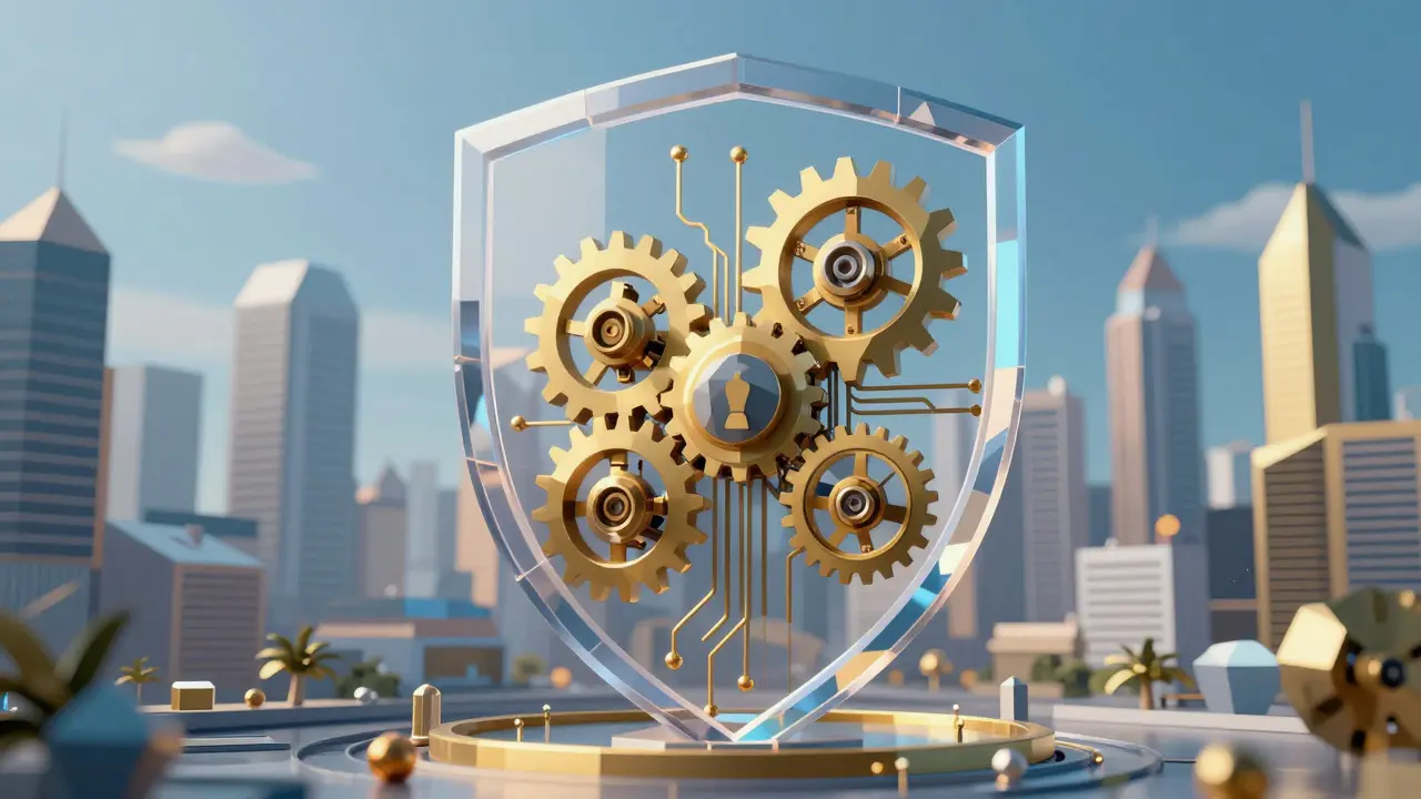 Geometric low poly design of trading bots inside a security shield