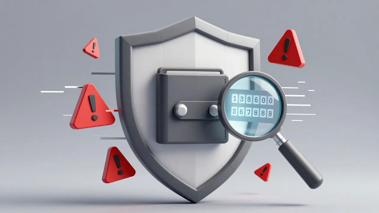 Geometric shield protecting a crypto wallet from red warning symbols
