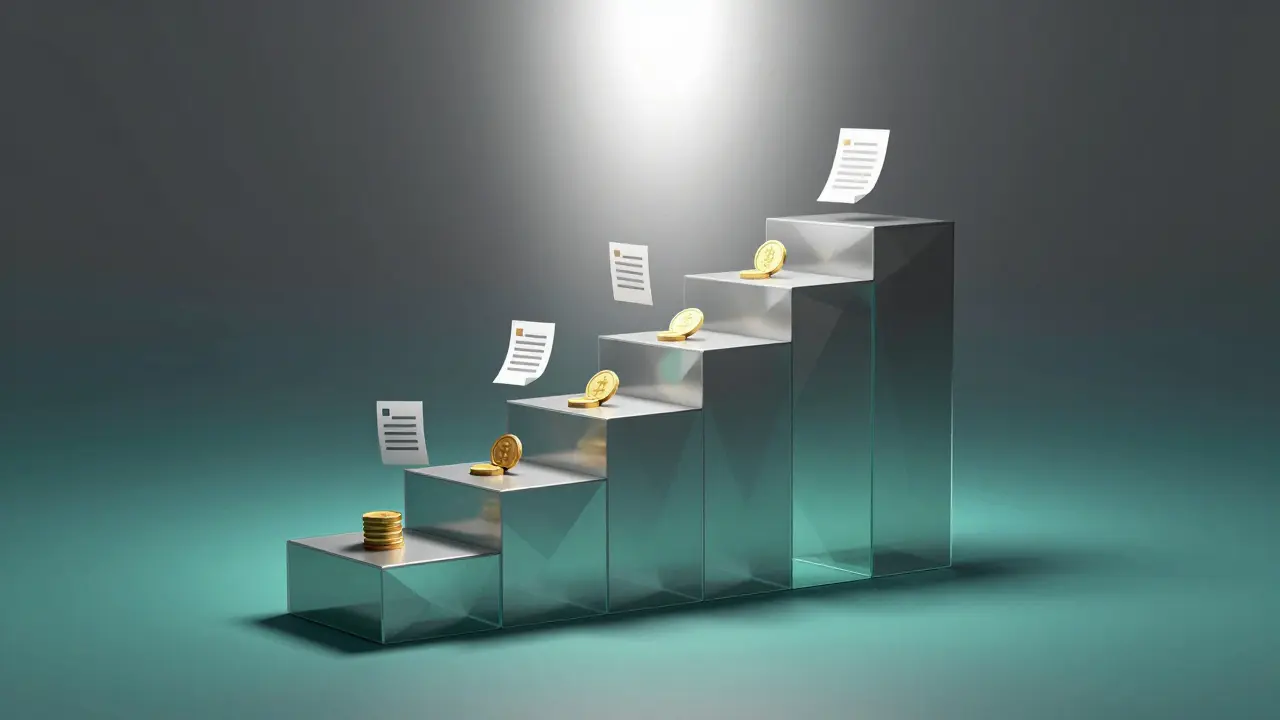 Low poly ascending steps with coins representing crypto license capital costs