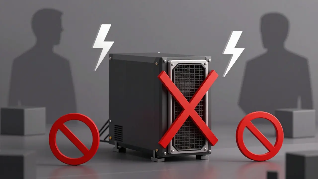 Low poly banned crypto miner with red prohibition signs and electricity hazards