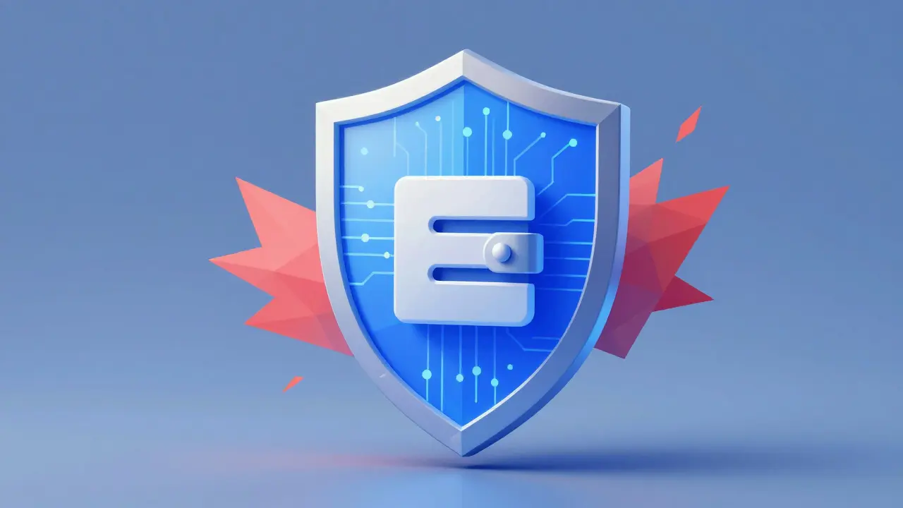 Low poly blue shield protecting a digital wallet from red threat shapes