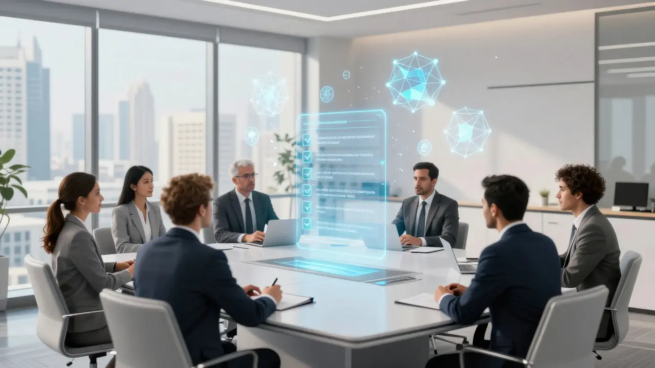 Low poly boardroom scene with holographic blockchain compliance data