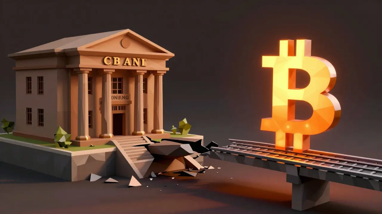 Low poly broken bridge between bank and Bitcoin