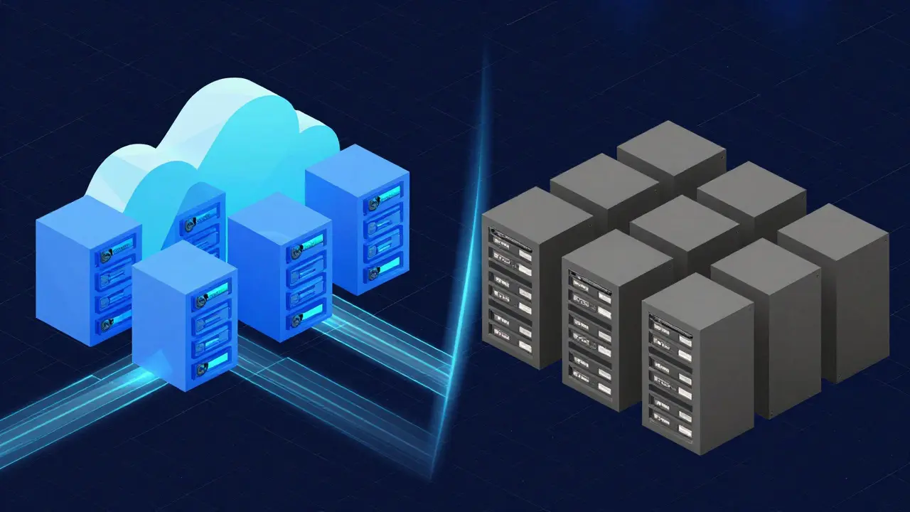 Low poly comparison of scalable cloud servers vs physical data centers