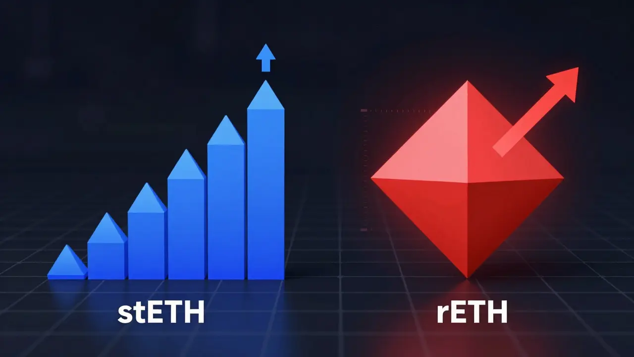 Low poly comparison of stETH growing balance vs rETH rising value