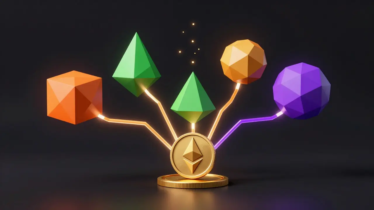Low poly diagram showing ETH branching into multiple DeFi yield streams