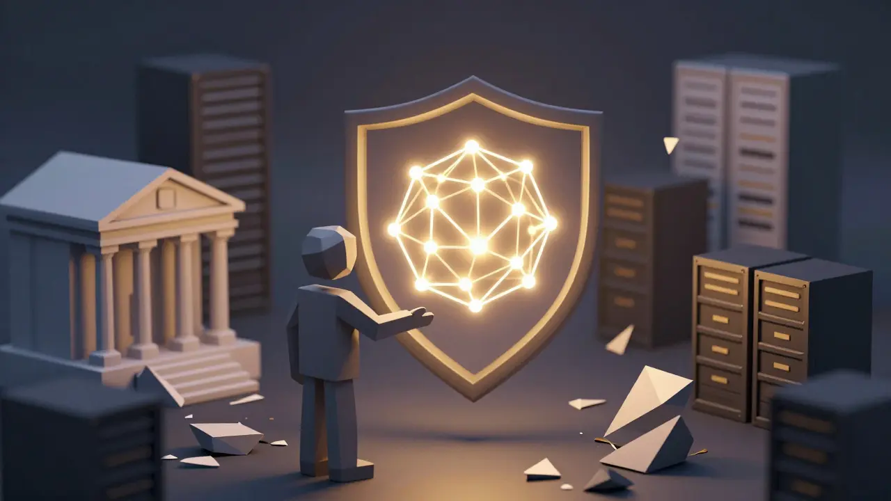 Low poly figure holding decentralized network against banks