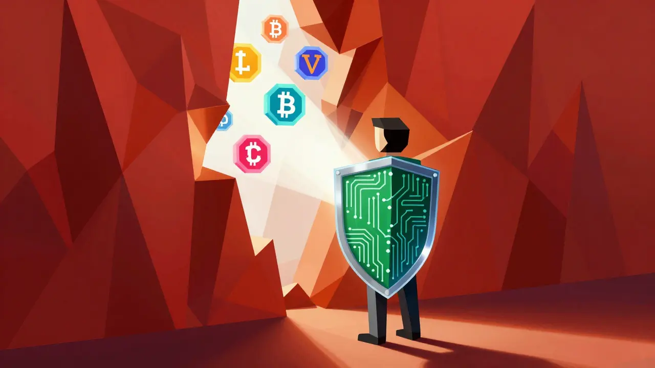 Low poly figure using a VPN shield to bypass a firewall wall to reach crypto tokens