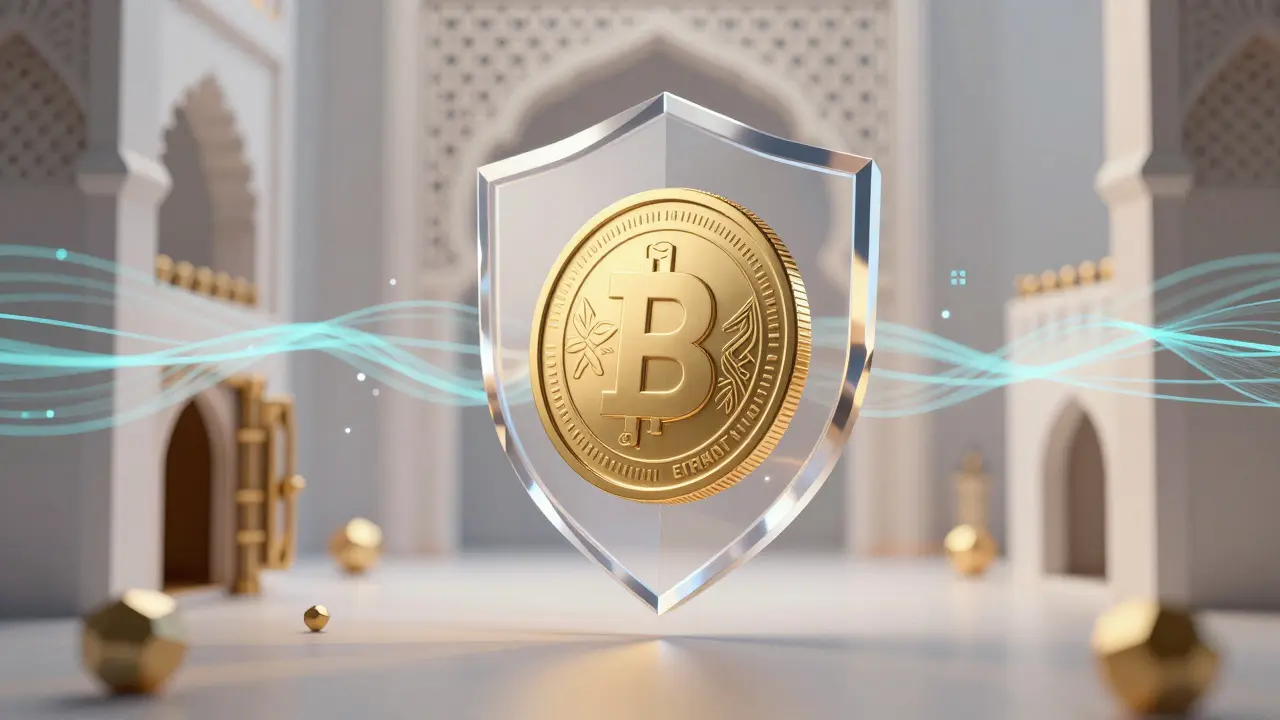Low poly golden e-Dirham coin protected by a geometric security shield