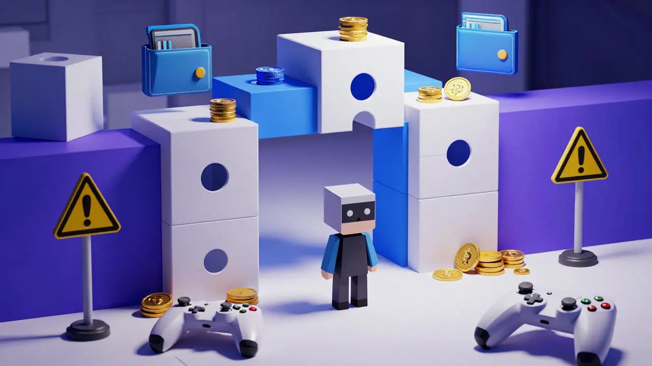 Low poly graphic showing complex crypto barriers blocking easy access to games